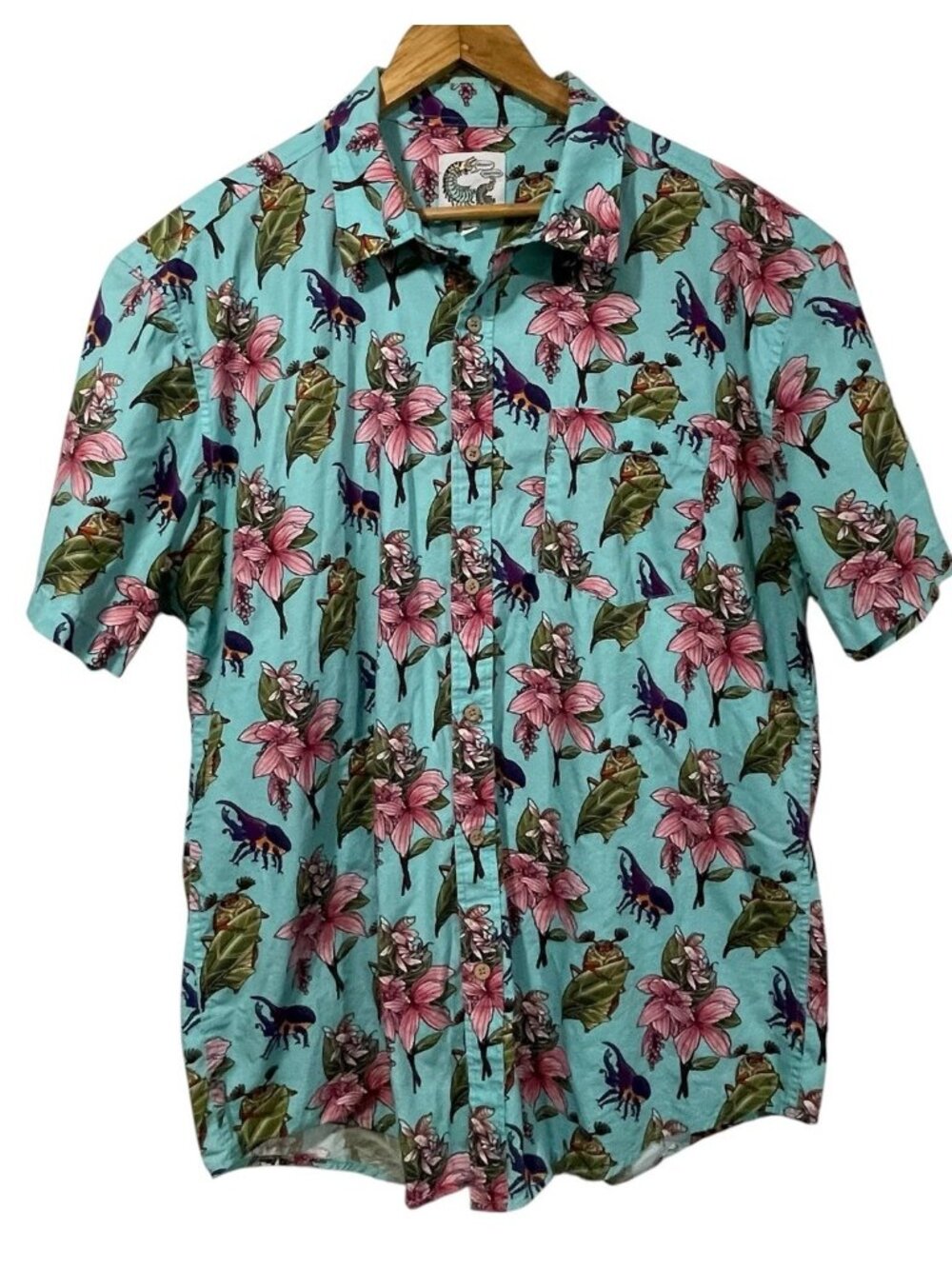 Crescent Creepers Mens Button Up Shirt Blue Floral Beetles Insects Bugs Sz L
